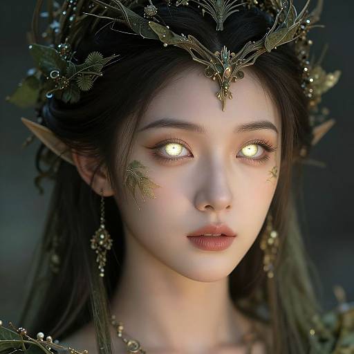 Digital artwork of a fair-skinned, elf-like woman with glowing white eyes, dark hair, and intricate green leafy crown, wearing gold jewelry.