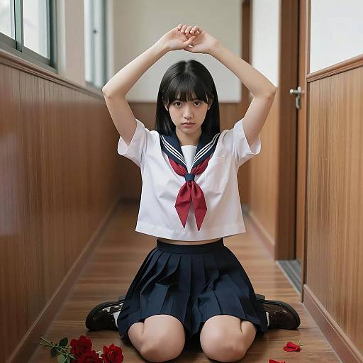Asian Woman in Sailor School Uniform Kneeling in Hallway