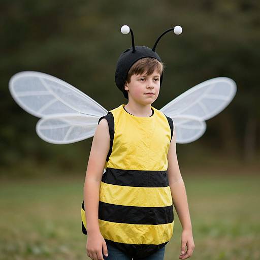 Photograph of a young boy dressed as a bee, wearing a black and yellow striped vest, black hat with antennae, and transparent wings, standing