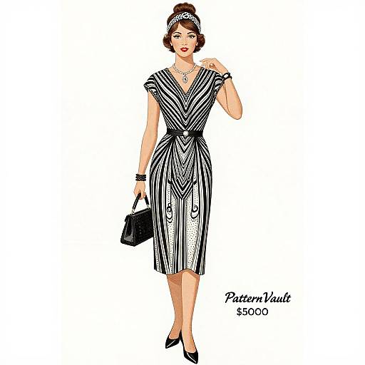 Vintage-style digital illustration of a woman in a black-and-white striped dress, holding a black clutch, wearing black heels and a headband. Text reads