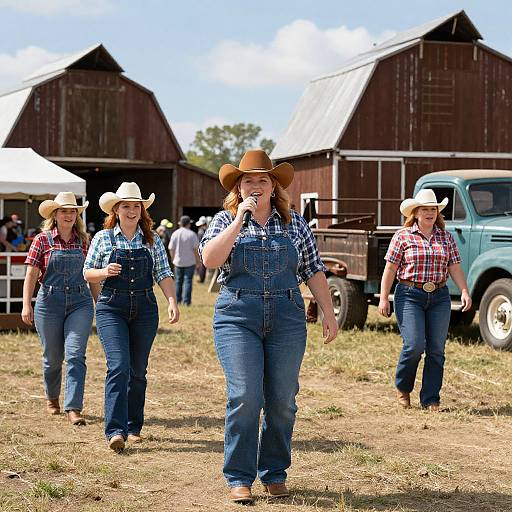 Photograph of three women in blue denim overalls, plaid shirts, and cowboy hats walking on a sunny farm field, with rustic barns and