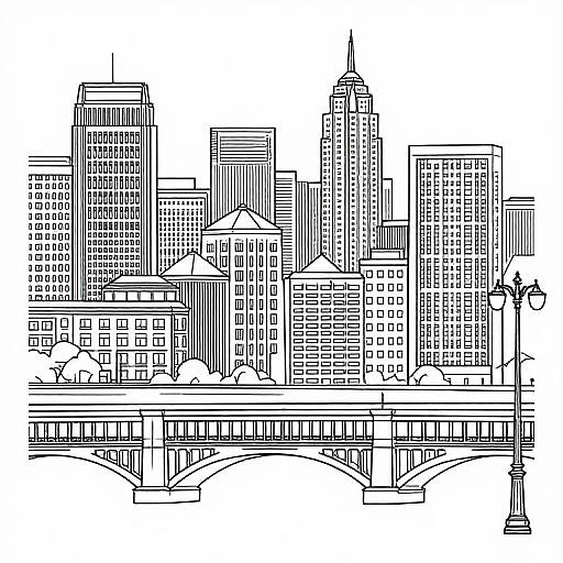 Black-and-white line drawing of a dense urban skyline with tall skyscrapers, varied architectural styles, and a bridge in the foreground.