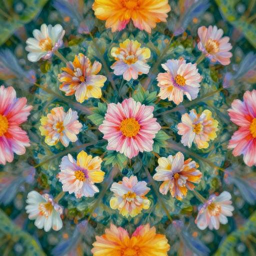 Vibrant, digital, kaleidoscopic pattern of pink, white, and orange daisies with yellow centers, set against a green,