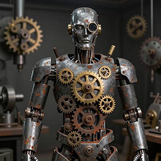 Photorealistic digital art of a metallic, humanoid robot with rusted joints and numerous bronze gears on its chest, standing in a dark, industrial workshop