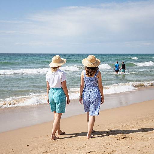 Photograph of two women in sundresses and straw hats walking on a sandy beach, facing the ocean, with two people wading in the water in