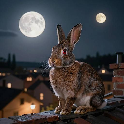 Brown Rabbit with Red Eyes on Rooftop at Night