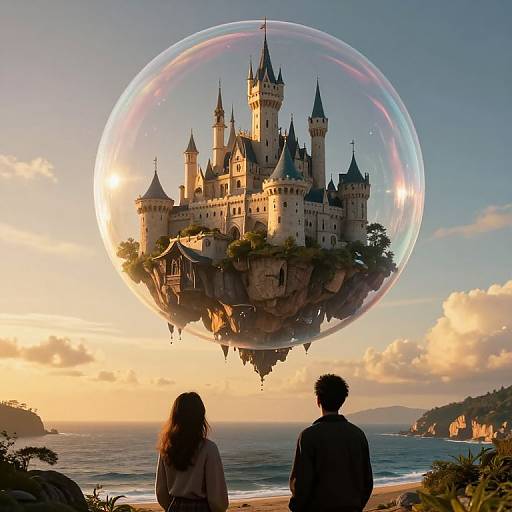 Digital artwork of a magical floating castle encased in a glowing bubble, seen from the back of a girl and boy standing on a beach at sunset.