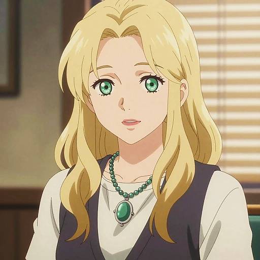 Digital anime-style drawing of a blonde woman with green eyes, wearing a white shirt, black vest, and green pendant necklace, standing in a sunlit