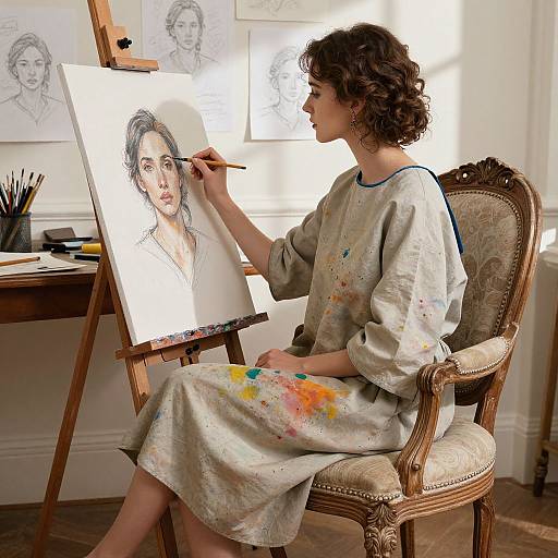 Photograph of a curly-haired woman in a paint-splattered smock, seated on an ornate chair, painting a portrait on an easel