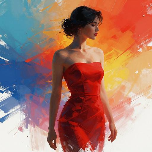 Digital painting of a slender woman with dark hair in a red, strapless dress, set against a vibrant, abstract background of blue, orange, and