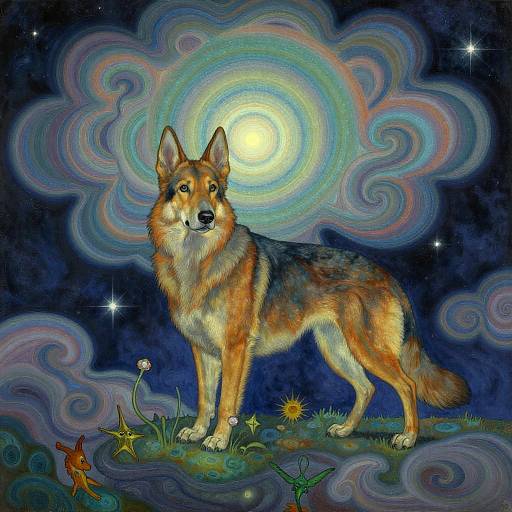 Digital painting of a majestic, multicolored wolf with a glowing moon and swirling, rainbow-colored clouds in the starry night sky.