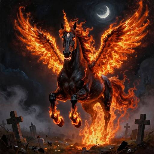 Digital artwork of a fiery, black winged horse with glowing orange flames, mid-leap, over a dark graveyard under a crescent moon.
