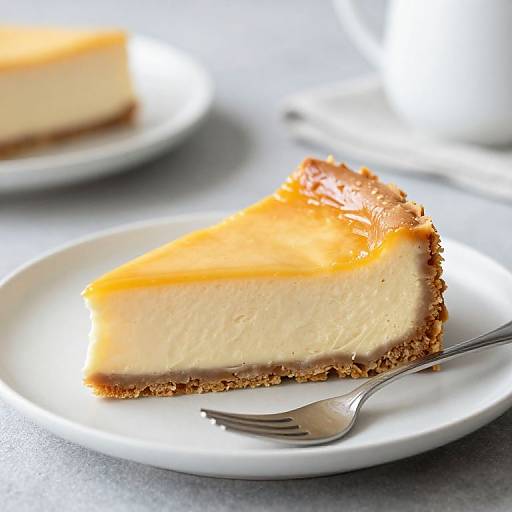 Photograph of a slice of creamy lemon meringue pie on a white plate with a silver fork, soft light background.