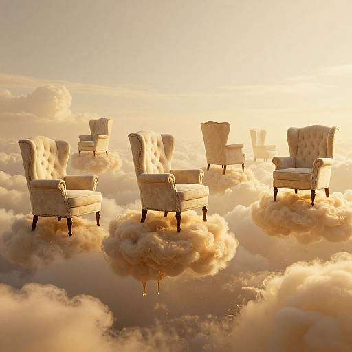 Photograph of seven white, tufted armchairs floating on fluffy, golden clouds at sunset, creating a surreal, dreamy atmosphere.