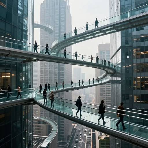 Photograph of a modern, glass-walled urban atrium with multiple curved pedestrian walkways. Silhouetted people walk on various levels, surrounded