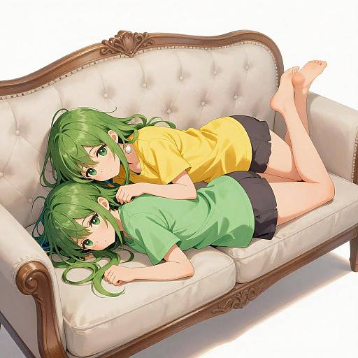 Two Green-Haired Anime Girls Lying on Couch