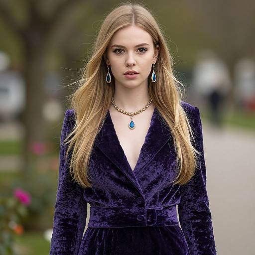 Photograph of a blonde woman with long hair, wearing a deep purple velvet blazer, blue teardrop earrings, and matching necklace, standing in