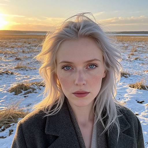 Photograph of a pale-skinned, blue-eyed, freckled woman with silver hair, wearing a dark coat, standing in a snow-covered field