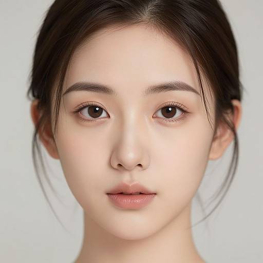 Close-up photograph of an Asian woman with fair skin, dark brown eyes, and straight black hair in a simple updo, against a light blue background
