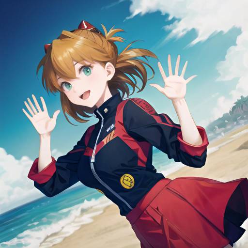 Digital anime-style drawing of a short-haired, red-haired girl in a black wetsuit with white stripes, standing on a rocky beach with turquoise ocean