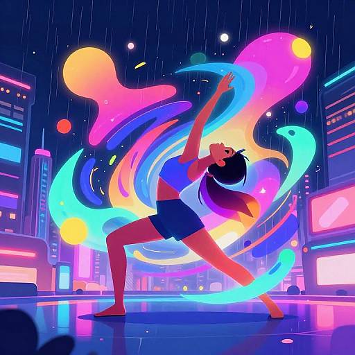 Digital art of a dancer in neon city at night, wearing a blue crop top and shorts, surrounded by vibrant, colorful swirls. Rain pours down