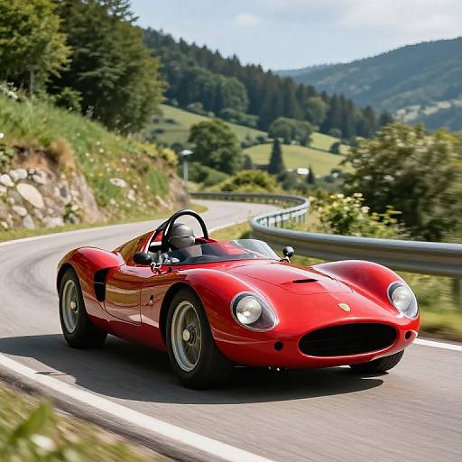 Photorealistic image of a shiny red Ferrari 250 GTO convertible speeding on a winding mountain road, surrounded by lush greenery.