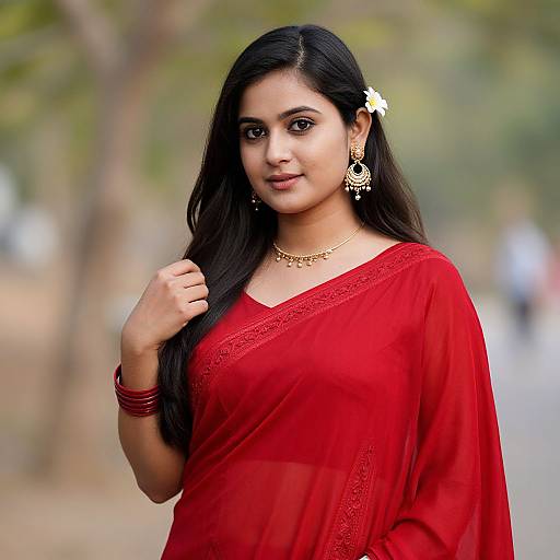 Photograph of an Indian woman with long black hair, wearing a red saree, gold jewelry, and a white flower in her hair, standing outdoors