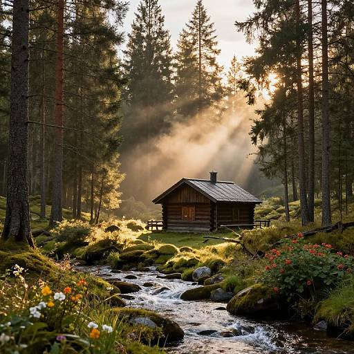 Peaceful Nordic Forest Cabin Scene