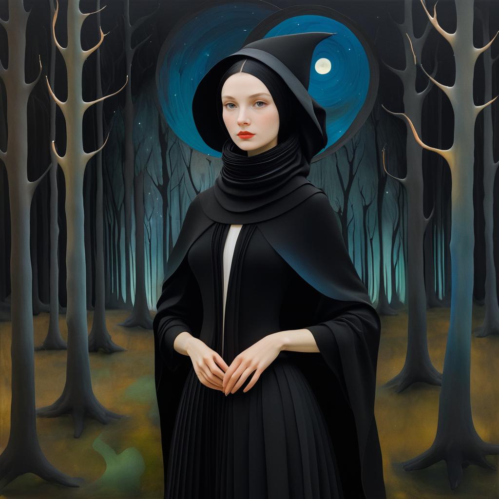 Nighttime Forest Woman in Bosch Style