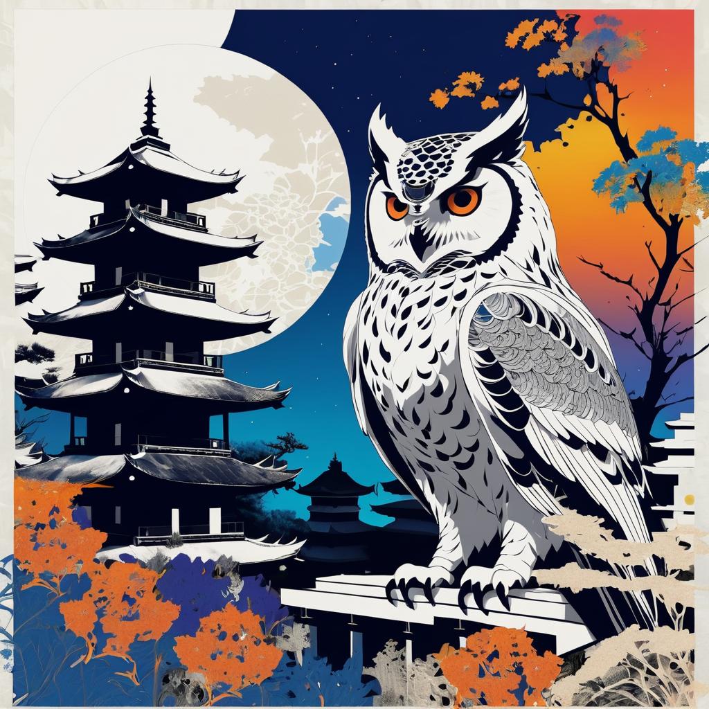 Monochrome Owl and Mythical Elements Artwork