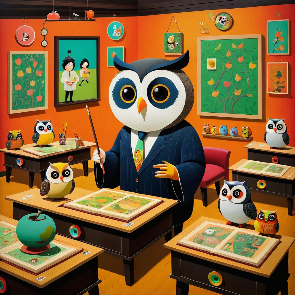 Quirky Owl Teacher in a Colorful Classroom