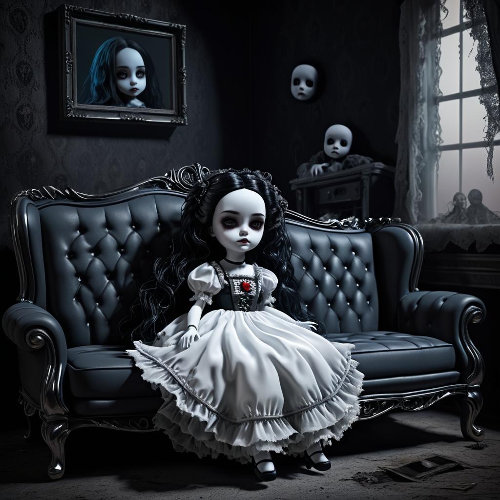 Haunting Doll and Ghost on Frayed Couch