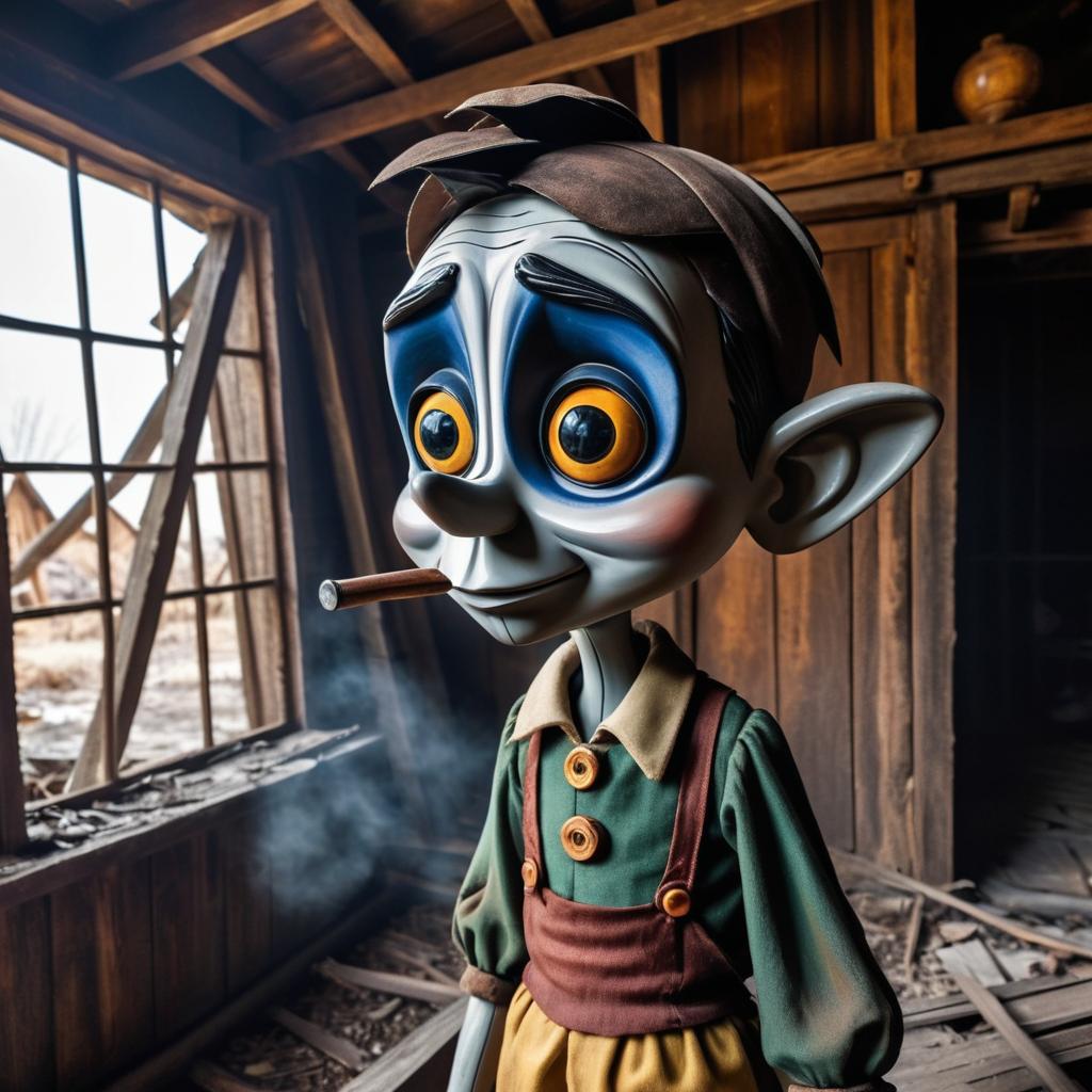 Haunting Dark Pinocchio in Abandoned Lodge