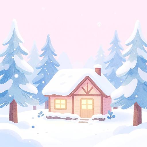Cartoon-style digital drawing of a snow-covered house with glowing windows, surrounded by blue and white snow-covered pine trees.