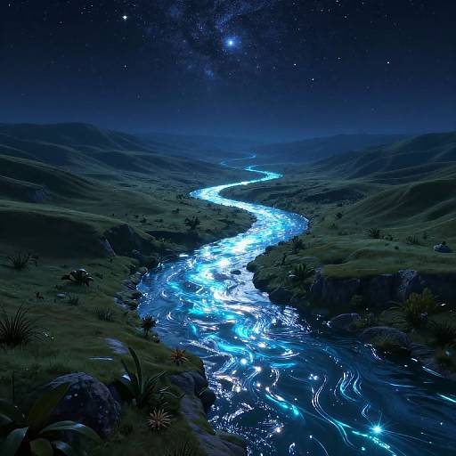 Digital artwork of a glowing blue river winding through dark, starlit hills under a Milky Way-filled night sky, with scattered plants and rocks.