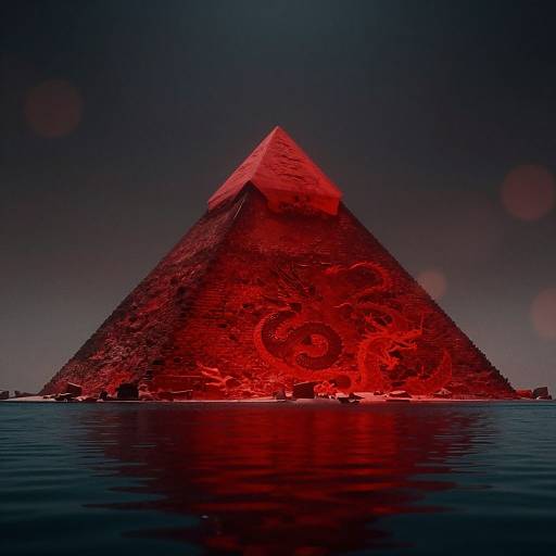 Photograph of a red-lit, pyramid-shaped stone structure with ominous red graffiti on its side, reflected in calm water under a dark, gradient sky