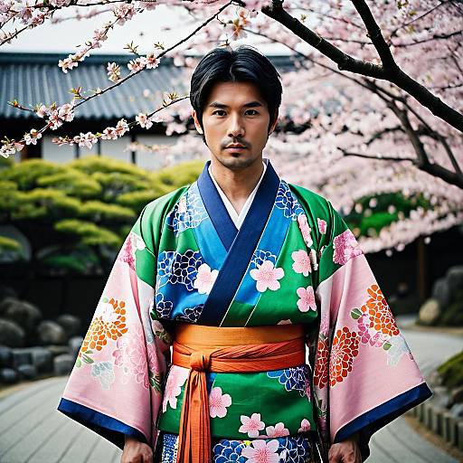 Japanese Man in Colorful Kimono with Cherry Blossoms