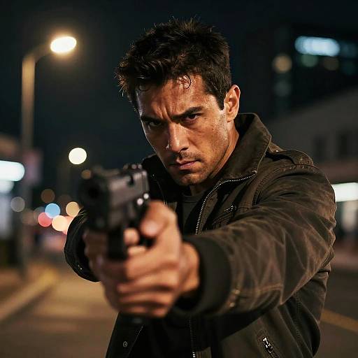 Photograph of a determined, dark-haired man in a black jacket, aiming a gun forward in a nighttime urban setting. Blurred city lights and street