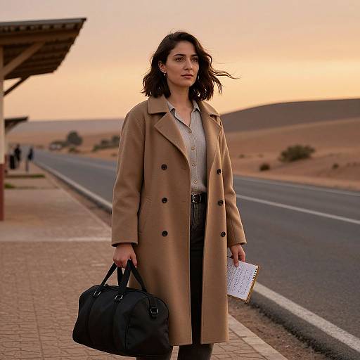 Photograph of a stylish woman with dark hair, wearing a beige coat, holding a black bag and papers, standing on a desert road at sunset.