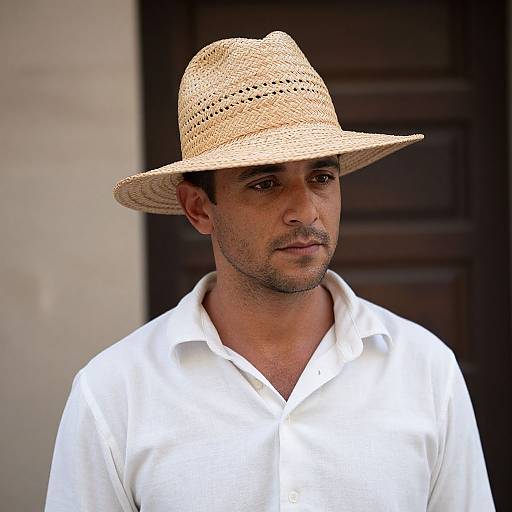 Photograph of a man with medium brown skin, short dark hair, and a stubbled face, wearing a woven straw hat and white shirt, standing
