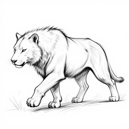 Black-and-white digital sketch of a walking lion with detailed fur texture, muscular build, and intense expression, set against a plain white background.