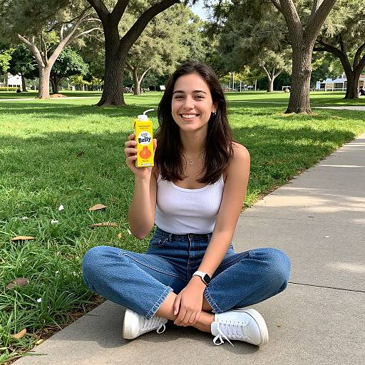 Woman Enjoying Sunny Park with Juice