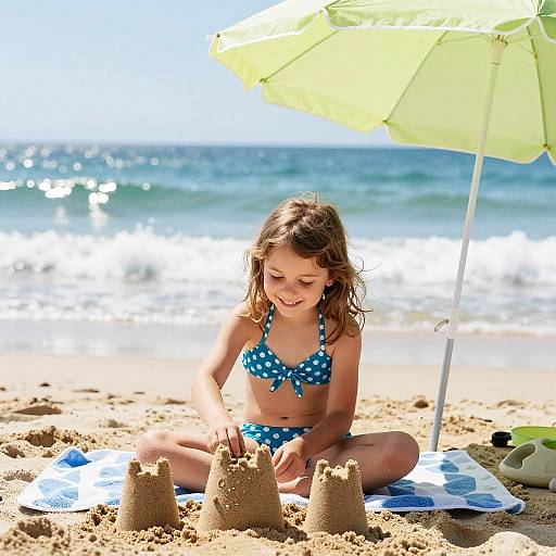 Joyful Girl Building Sandcastle Beach