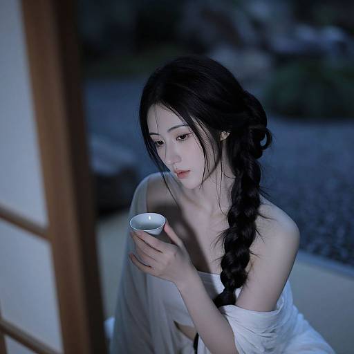 Photograph of a young Asian woman with long black braided hair, pale skin, and delicate features, holding a white teacup, dressed in