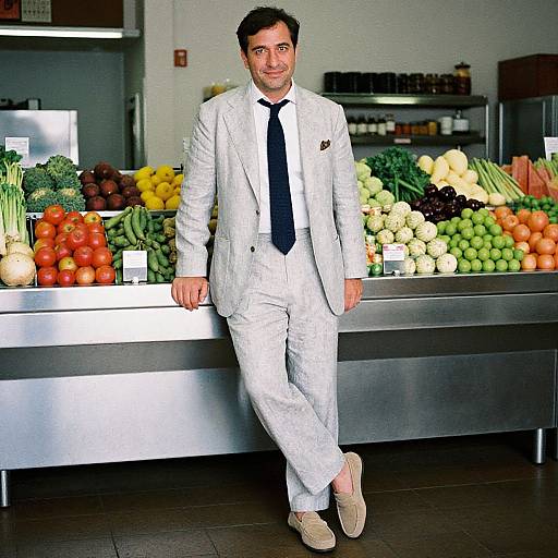 Photograph of a smiling man with short dark hair, wearing a white patterned suit, navy tie, and beige loafers, leaning against a well
