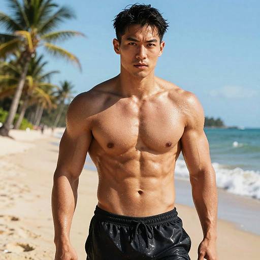Muscular Athlete on Sunlit Tropical Beach