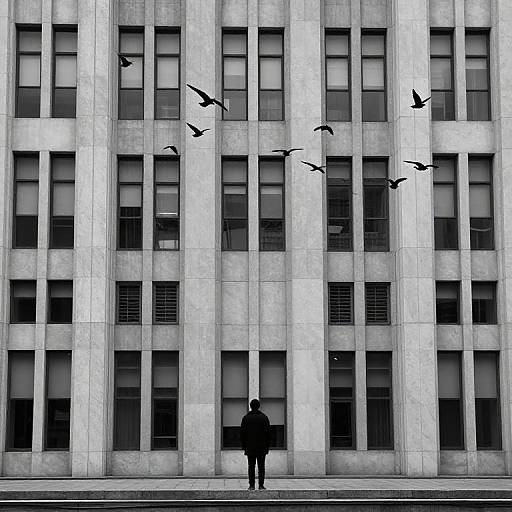 Black-and-white photograph of a silhouetted person standing in front of a tall, rectangular building with flying birds in mid-flight.