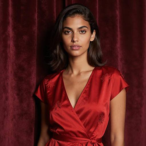 Photograph of a beautiful woman with medium brown skin, dark wavy hair, wearing a red satin V-neck dress with floral embroidery, standing against a
