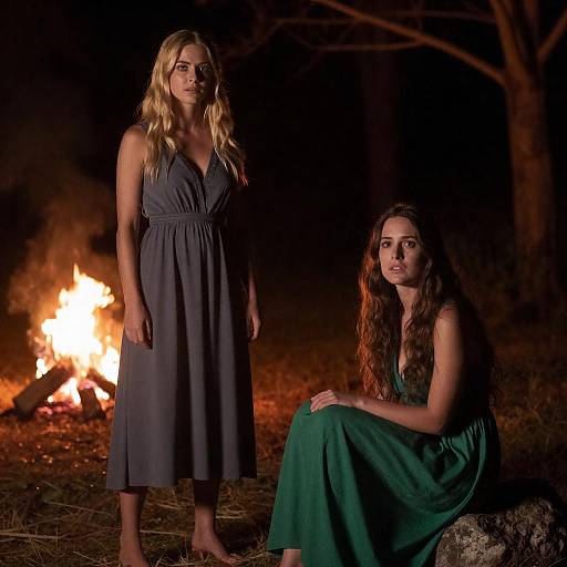 Women in Nighttime Forest with Fire