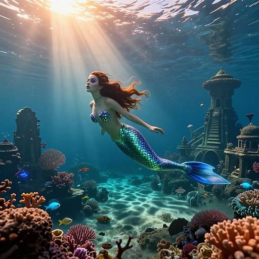 Digital illustration of a shimmering blue-green mermaid with long red hair, swimming through a sunlit underwater city, surrounded by colorful coral and marine life